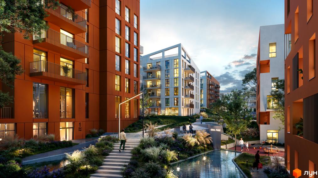 Житловий комплекс SOUL PARK з теракотовими фасадами та великими вікнами. На території комплексу є доглянуті алеї, водойми та зелені зони для відпочинку.