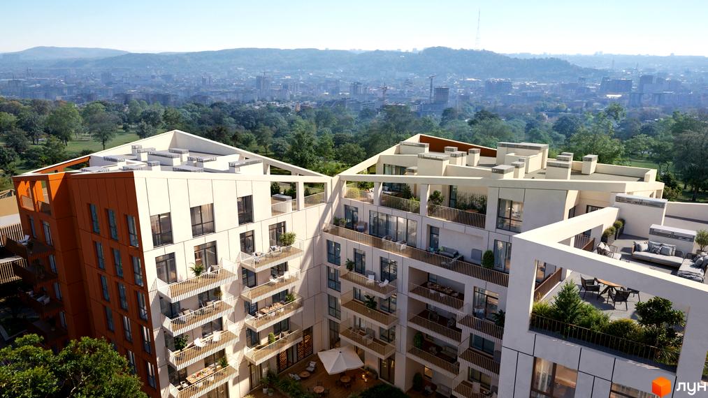 Зовнішній вигляд житлового комплексу SOUL PARK з терасами та балконами, що виходять на зелену зону та місто.