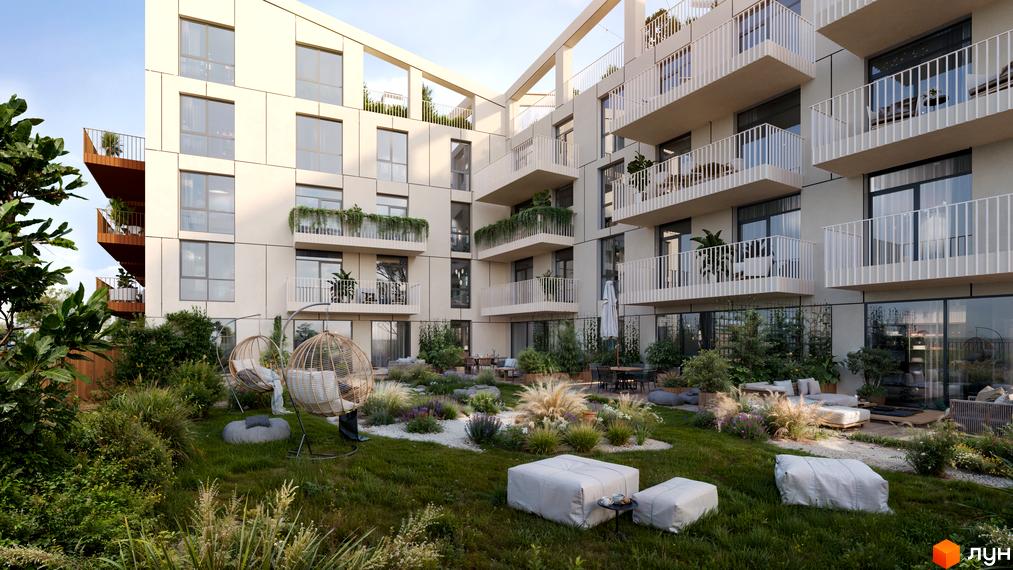 Зображення Житлового комплексу SOUL PARK з просторими балконами та доглянутою прибудинковою територією з ландшафтним дизайном та місцями для відпочинку.