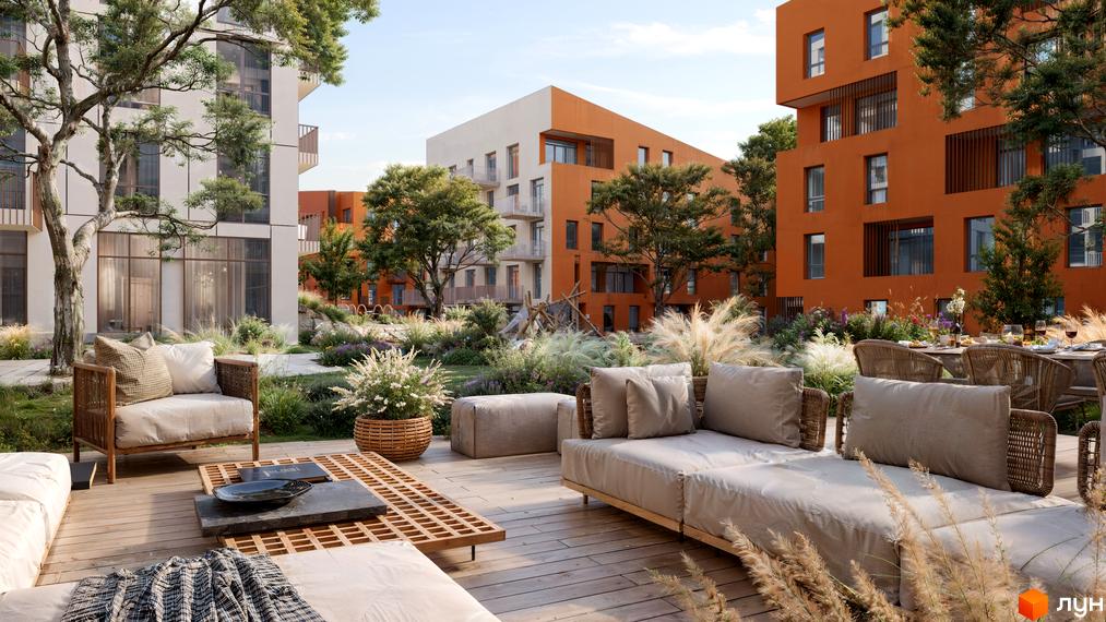 Житловий комплекс SOUL PARK з оранжевими та білими фасадами, балконами та великими вікнами. Прибудинкова територія з ландшафтним дизайном, зонами відпочинку та зеленню.