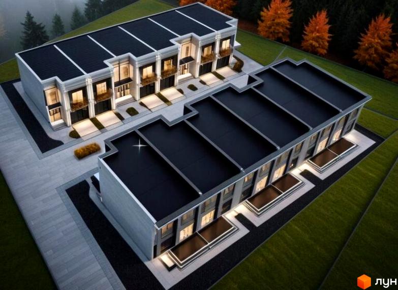 Новобудова Elite Home II з чорними дахами та сірими фасадами, розташована на зеленій ділянці з осінніми деревами.