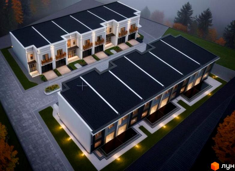 Зовнішній вигляд таунхаусів Elite Home II з чорними дахами та білими фасадами, розташованих на доглянутій прибудинковій території з освітленням.