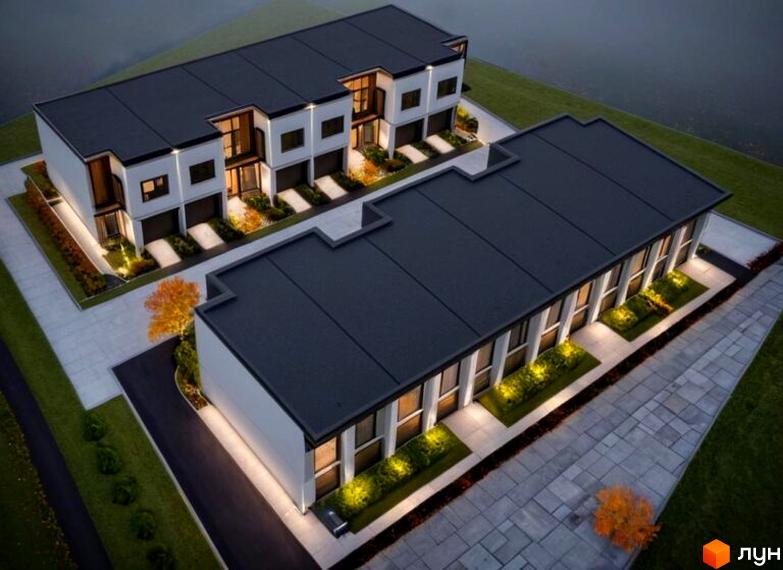 Таунхауси Elite Home II з білими фасадами та темними дахами, розташовані на доглянутій території з освітленими доріжками та зеленню.