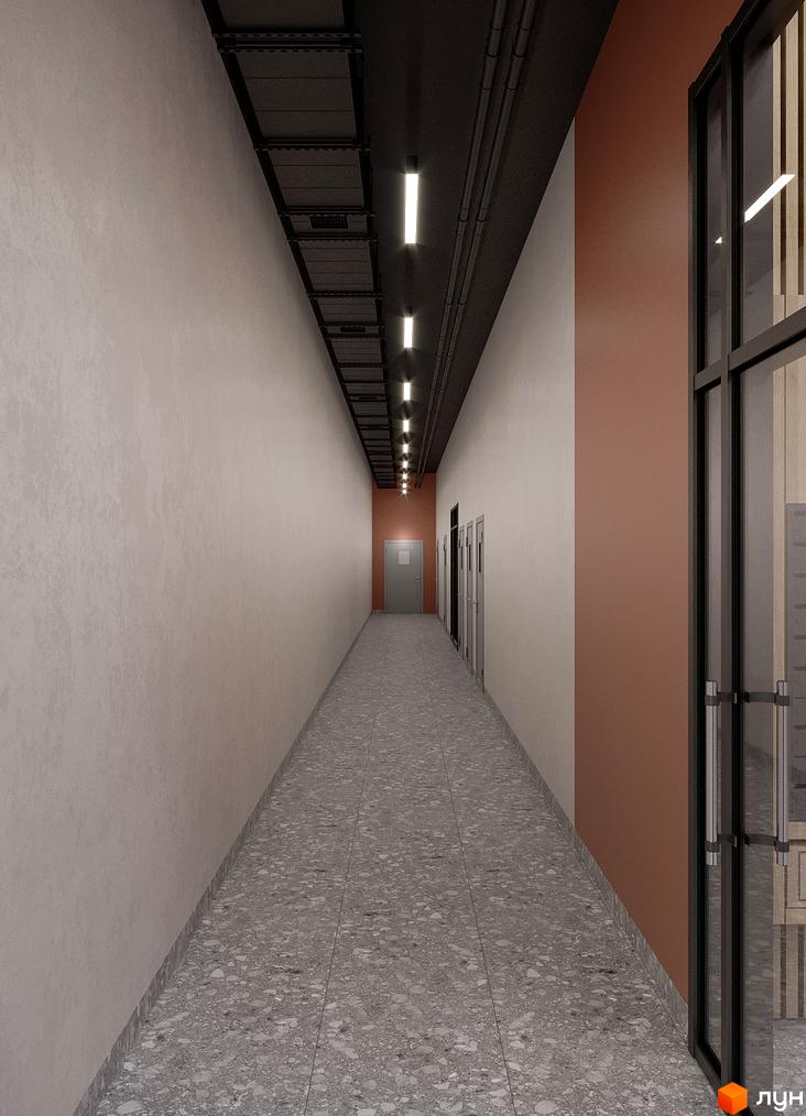 Фото коридору в Житловому комплексі MHouse. Вигляд на двері та освітлення в коридорі.