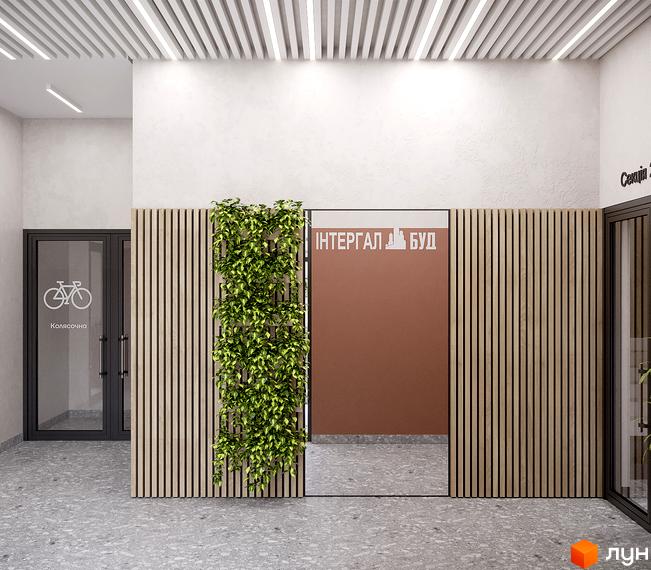 Сучасний вхід у житловий комплекс MHouse з вертикальним озелененням та дерев'яними панелями. Територія комплексу має стильне оздоблення.