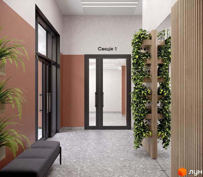 Сучасний хол житлового комплексу MHouse з рослинами та лаконічним дизайном. Оцініть планування та інтер'єр новобудови.