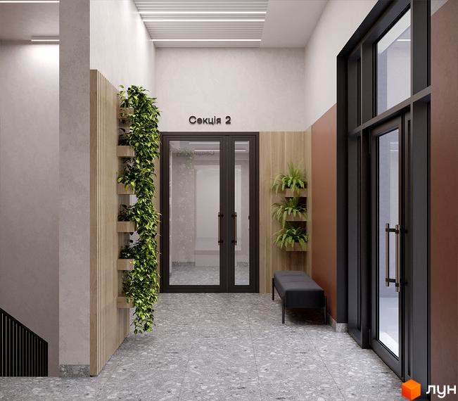 Дизайн холу житлового комплексу MHouse з вертикальним озелененням та дверима секції 2. Сучасний інтер'єр з акцентом на природні елементи.
