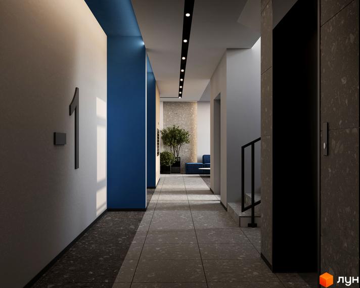 Сучасний коридор ЖК Рівер Сіті з номером 1 на стіні та синіми акцентами. Інтер'єр новобудови з освітленням та рослинами.