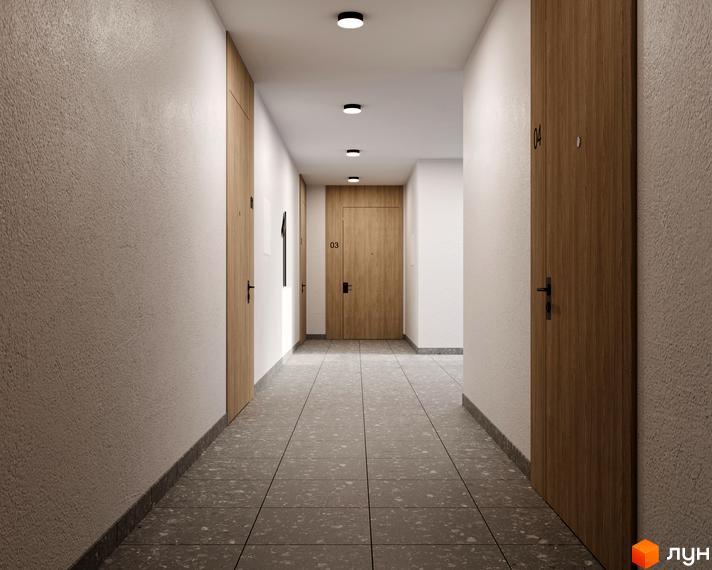 Коридор новобудови ЖК Рівер Сіті з дерев'яними дверима та сірою плиткою на підлозі. Сучасний дизайн та функціональне планування.