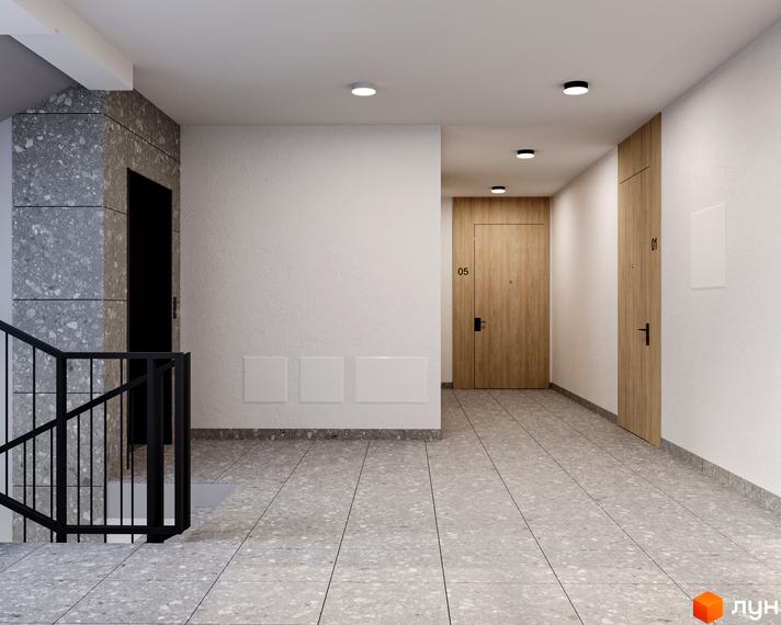 Сучасний вхід в житловий комплекс River City з дверима та ліфтом. Прибудинкова територія з сірою плиткою та сходами.