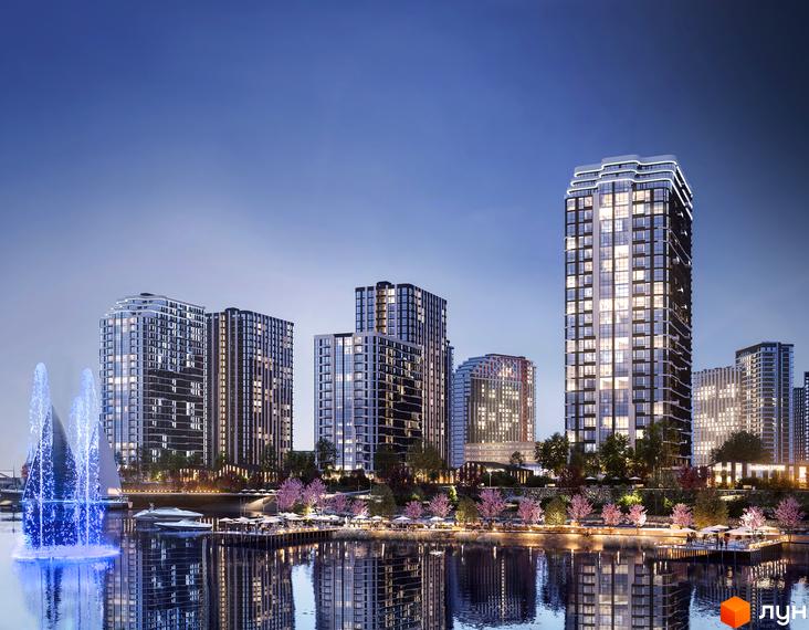 Зображення Житлового комплексу H2O з видом на багатоповерхові будинки та прибережну зону з фонтаном. Візуалізація комплексу ввечері.