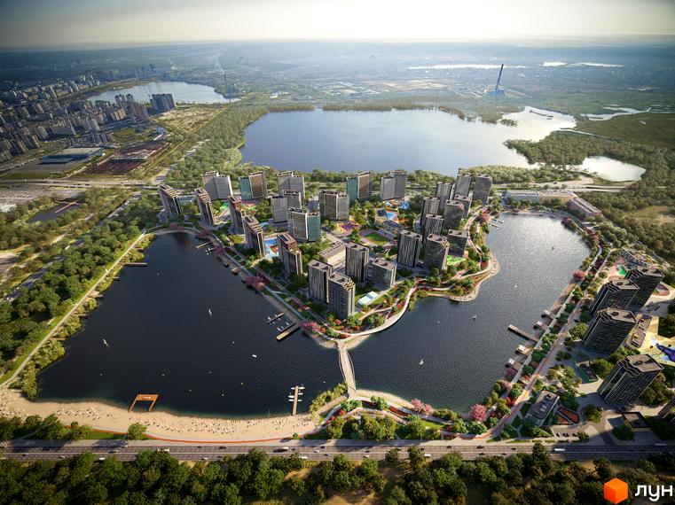 Візуалізація Житлового комплексу H2O з висоти пташиного польоту: багатоповерхівки біля озера, пляж, міст, зелені зони.