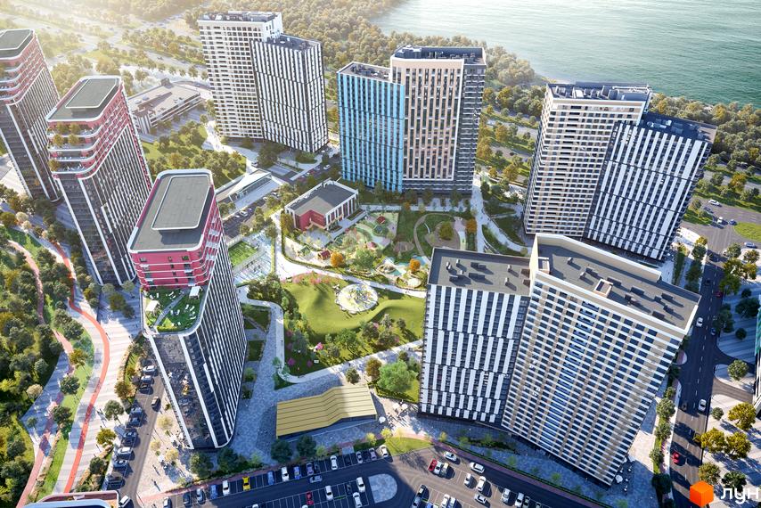 Житловий комплекс H2O: висотні будинки з паркінгом та великою зеленою зоною з дитячим майданчиком. Вид з висоти пташиного польоту.