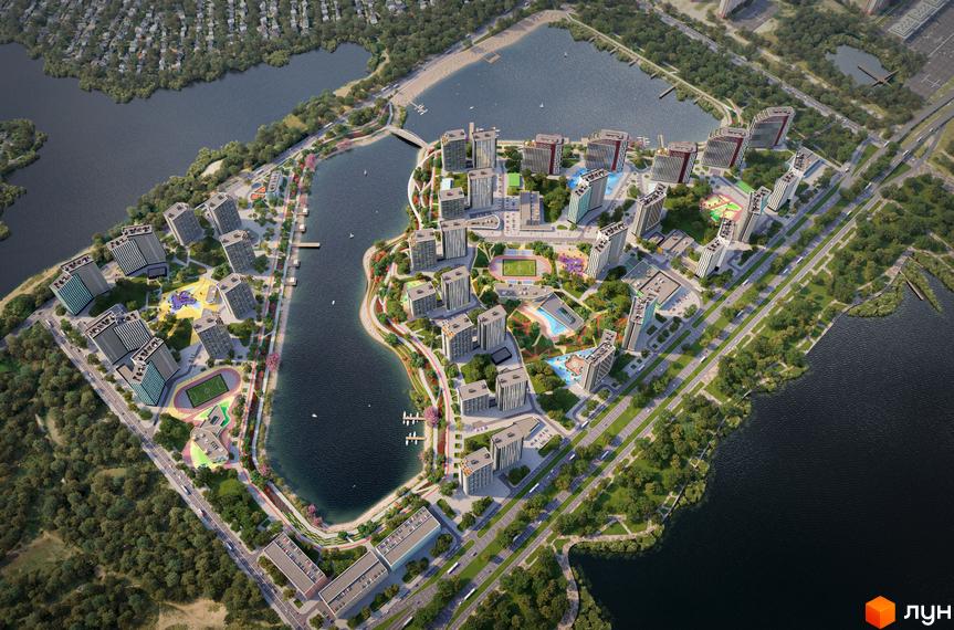 Зображення Житлового комплексу H2O з висоти пташиного польоту: багатоповерхові будинки, зелені зони, водойми. На території є спортивні та дитячі майданчики.