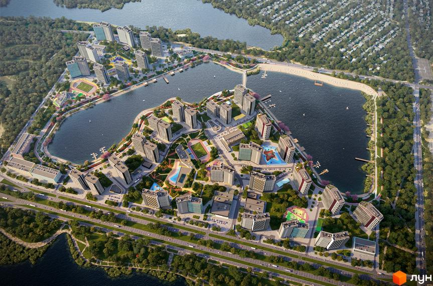 Житловий комплекс H2O з висоти пташиного польоту. На фото будинки, розташовані біля озера, з облаштованою прибудинковою територією.