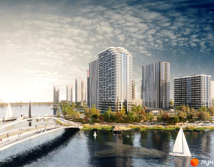 Візуалізація будинків Житлового комплексу H2O на березі річки з мостом та вітрильниками. Навколо новобудов зелена територія.