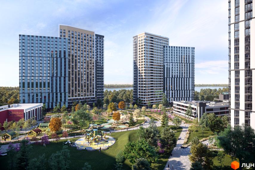 Зображення Житлового комплексу H2O з висотними будинками та великою зеленою прибудинковою територією з дитячим майданчиком. Вид на річку.