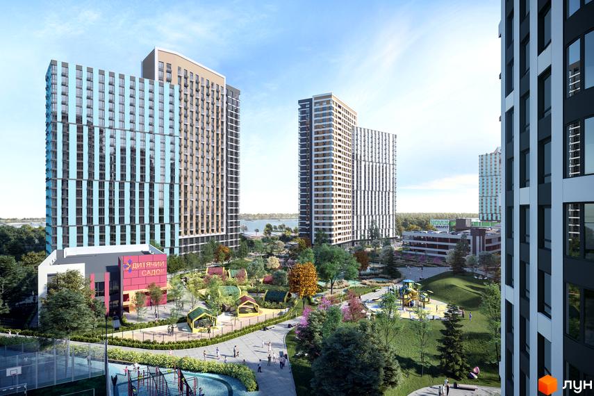 Зображення комплексу H2O з висотними будинками та дитячим майданчиком. Вигляд на житловий район з прибудинковою територією.