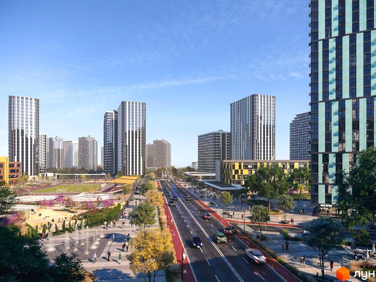 Зображення Житлового комплексу H2O з висотними будинками та облаштованою прибудинковою територією. Вигляд на дорогу з автомобілями та пішохідну зону.