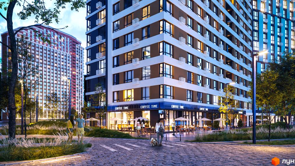 Зображення фасаду Будівельного проєкту H2O з магазинами на першому поверсі. На передньому плані пішохідний перехід та люди.