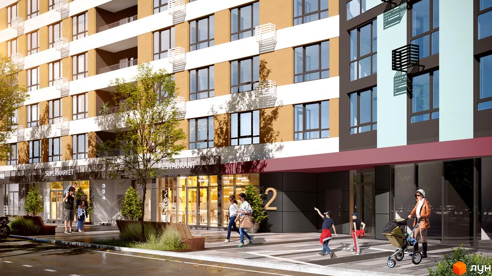 Зображення фасаду та прибудинкової території Новобудови H2O. Багатоповерховий будинок з комерційними приміщеннями на першому поверсі.