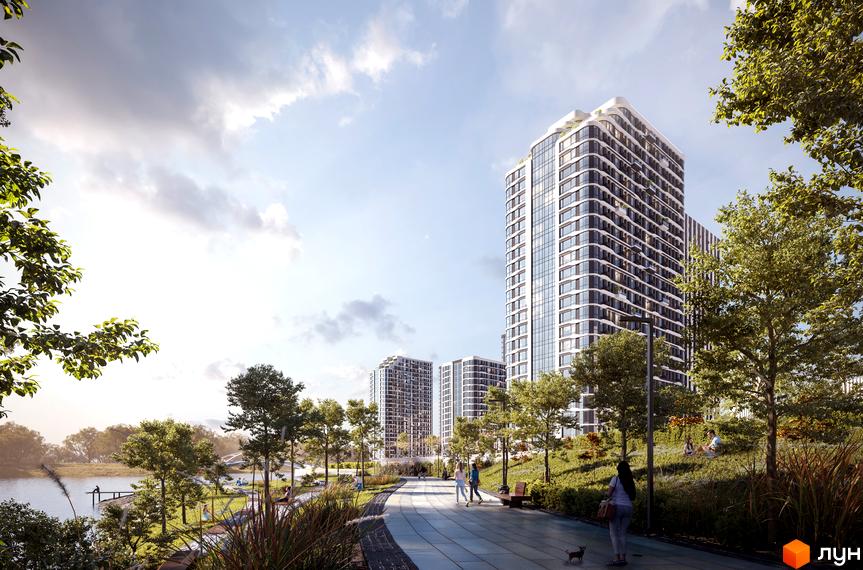 Зображення житлового комплексу H2O. Високий будинок з великою кількістю вікон, поруч зелена територія з деревами та пішохідними доріжками.