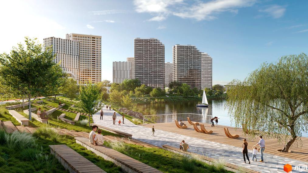 Зображення сторінки Будівельного проєкту H2O з багатоповерховими будинками. На передньому плані зелена територія з лавками та пішохідними доріжками біля річки.