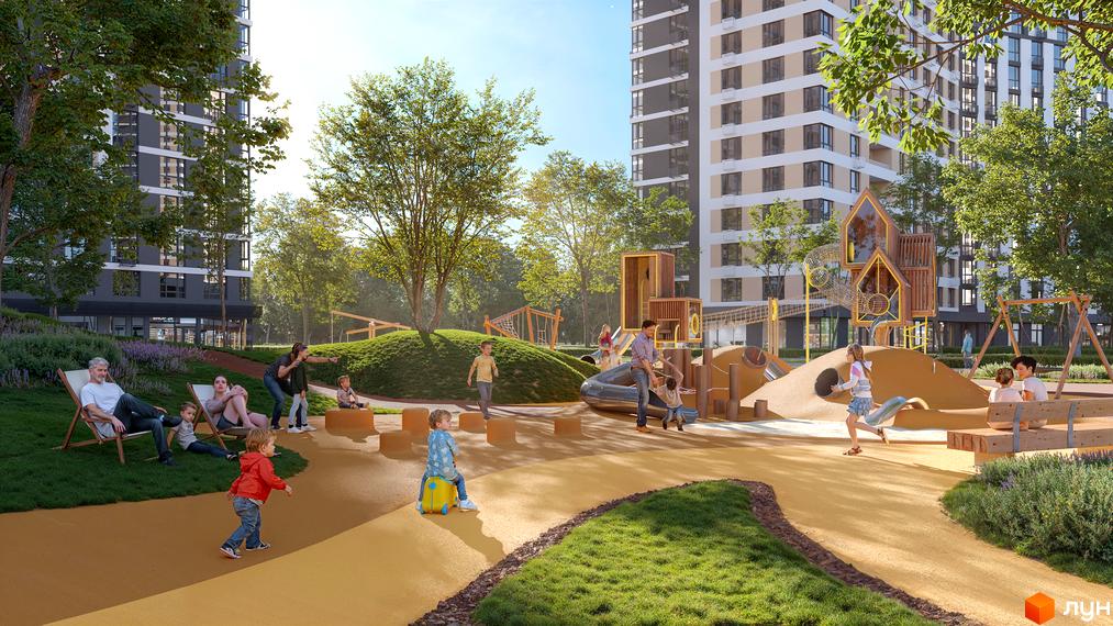 Зображення Житлового комплексу H2O з дитячим майданчиком та зонами відпочинку. Вигляд новобудови та прилеглої території.