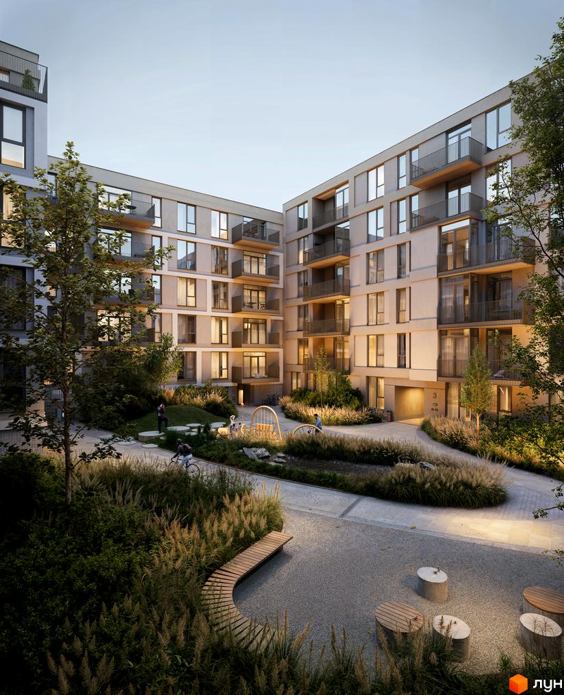 Житловий комплекс Avalon Magnolia з багатоповерховими будинками світлих відтінків та балконами. Внутрішній двір облаштований зеленими насадженнями, доріжками та місцями для відпочинку.