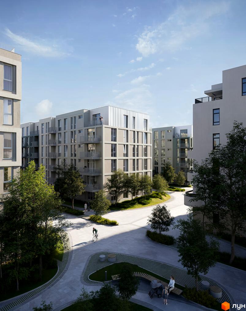 Житловий комплекс Avalon Magnolia: світлі багатоповерхові будинки з балконами. Прибудинкова територія має зелені зони, доріжки та лавки для відпочинку.