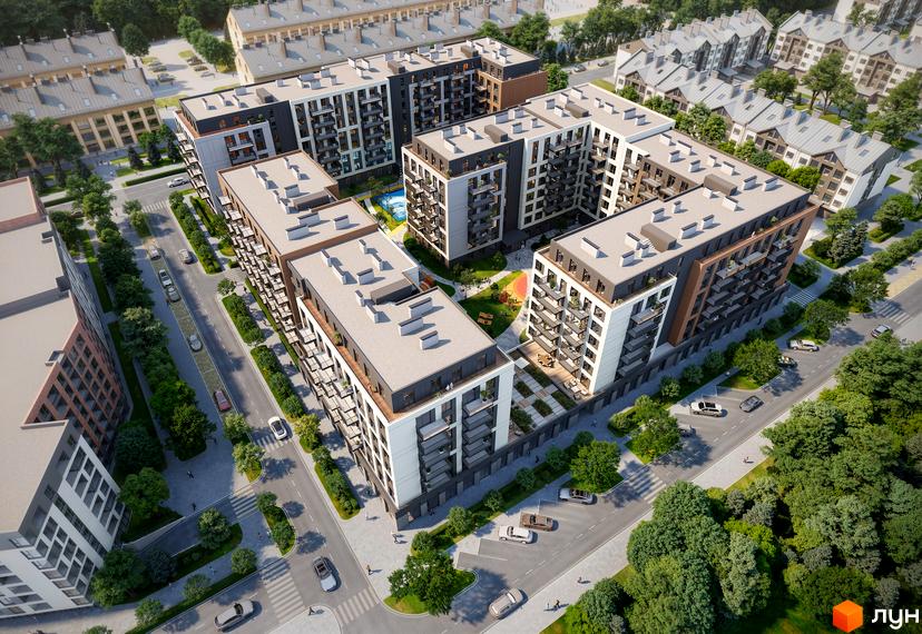 Високоповерховий будинок ЖК Wings з панорамними вікнами та балконами. На території комплексу є зелені зони, дитячий майданчик та парковка для автомобілів.