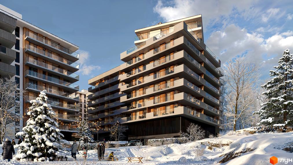 Житловий комплекс MARVEL Hill взимку з засніженими деревами та балконами з дерев'яними елементами. На території розташовані лавки та гірки для дітей.