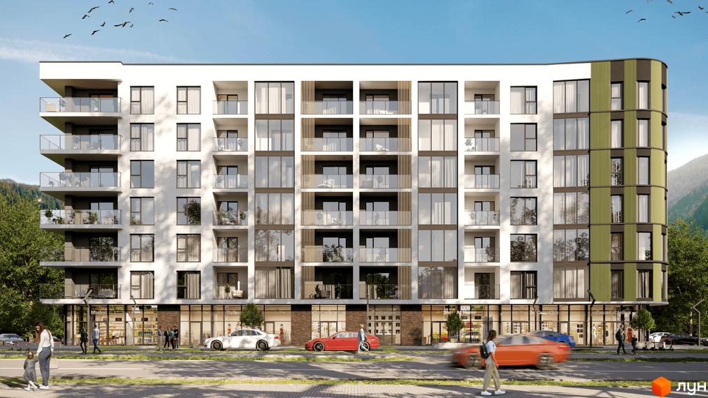 Зображення фасаду Житлового комплексу Kvitka Residence з великими вікнами та балконами. Перед будинком видно дорогу та пішоходів.
