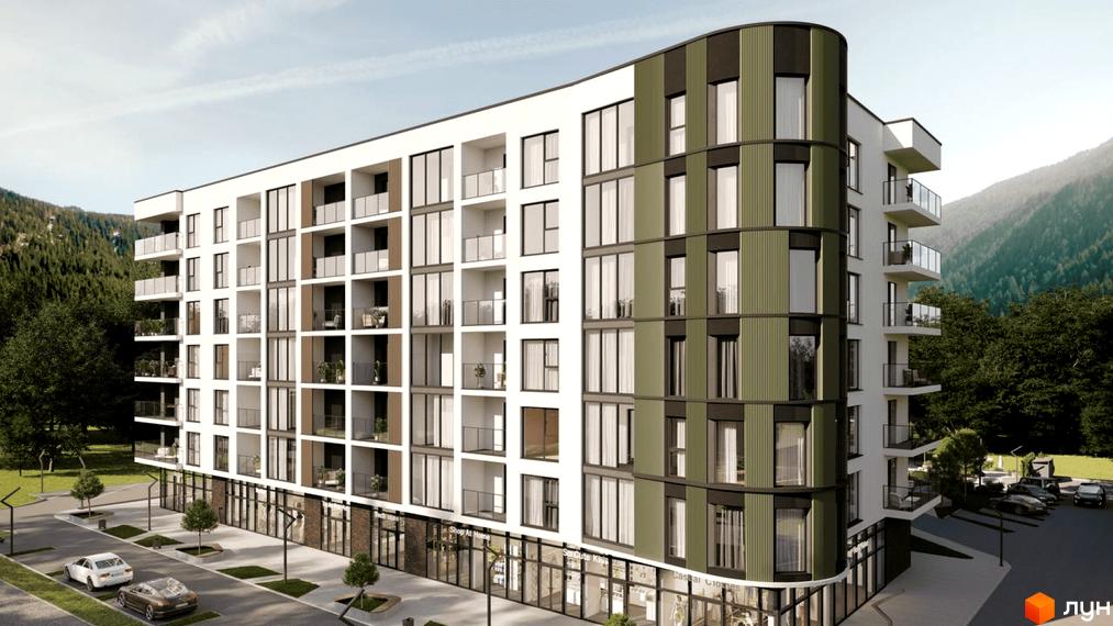 Зображення фасаду житлового комплексу Kvitka Residence з великими вікнами та балконами. Поруч розташована парковка та зелені насадження.