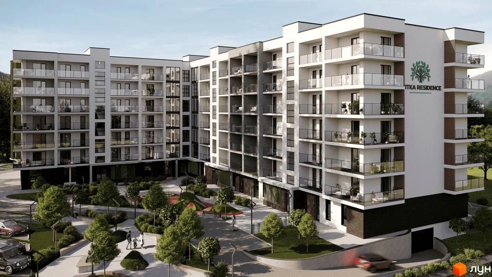 Зображення фасаду та прибудинкової території Житлового комплексу Kvitka Residence. Навколо будинку зелені насадження, дитячий майданчик.