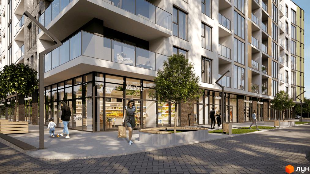 Зображення фасаду Житлового комплексу Kvitka Residence з магазинами на першому поверсі та пішохідною зоною.