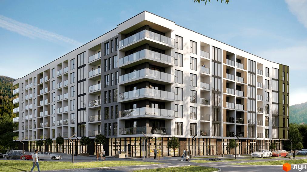 Новобудова Kvitka Residence з численними балконами та панорамними вікнами, перед якою розташована прибудинкова територія з деревами та автомобілями.