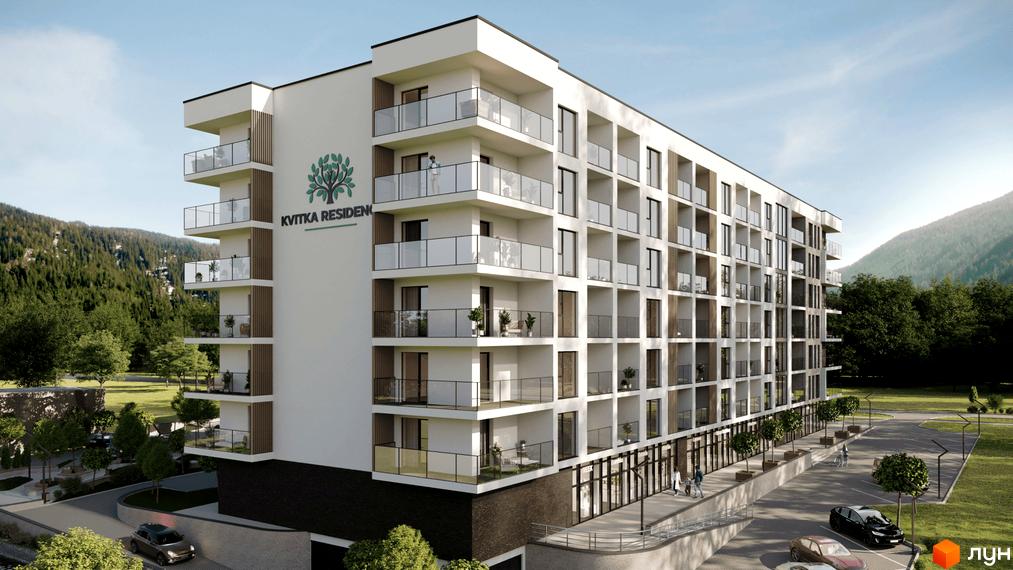 Зображення фасаду Житлового комплексу Kvitka Residence з великими балконами та панорамними вікнами. Навколо зелена територія з паркінгом.
