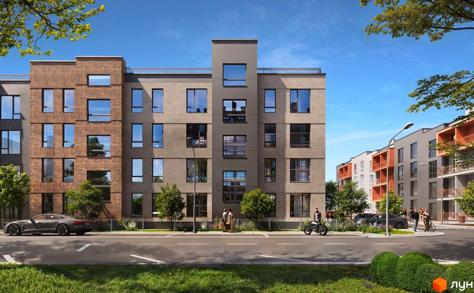 Житловий комплекс Art Misto Smart з цегляним та сірим фасадом, великими вікнами та балконами. Навколо зелені насадження, дорога з автомобілями та пішоходами.
