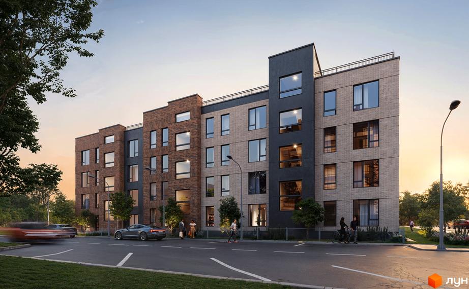 Зображення фасаду будівлі ЖК Art Misto Smart з цегляною кладкою та панорамними вікнами. На передньому плані дорога та прибудинкова територія.