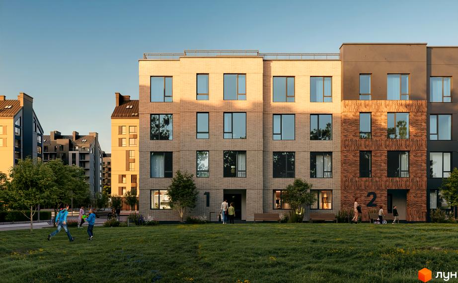 Житловий комплекс Art Misto Smart з цегляним фасадом та зеленим подвір'ям, де граються діти. Сучасна архітектура новобудови.