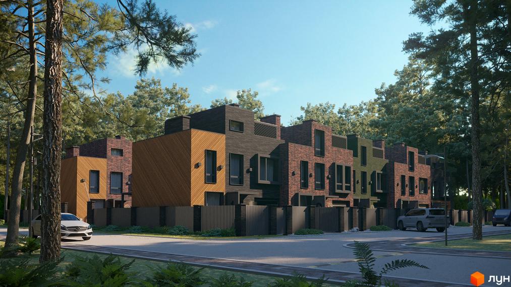 Таунхауси Madera House з цегляним та дерев'яним фасадом, розташовані серед дерев. Навколо будівель – огороджена територія та дорога з автомобілями.