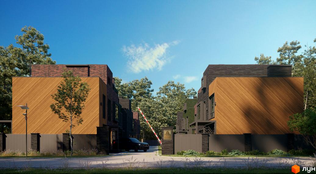 Будинки ЖК Madera House з дерев'яним оздобленням фасадів та цегляними вставками. Територія з зеленими насадженнями та дорогою до житлового комплексу.