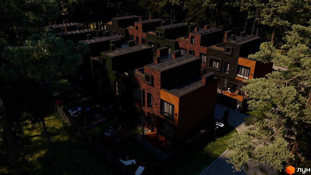 Зображення сторінки житлового комплексу Madera House. Цегляні та дерев'яні будинки з сонячними панелями на дахах, з власними терасами та зеленими зонами.