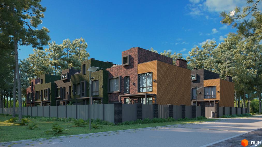 Таунхауси Madera House з цегляним та дерев'яним фасадом, розташовані біля паркану та зеленої зони.