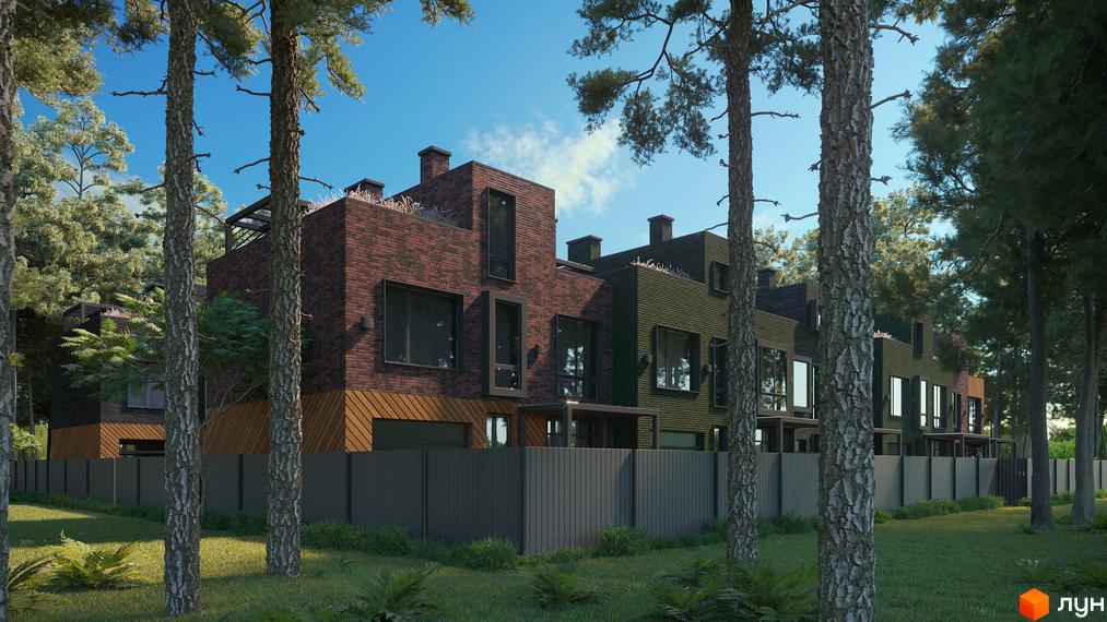 Таунхауси Madera House з цегляним фасадом та зеленим фасадом, оточені деревами та парканом. Зовнішній вигляд будинків та прибудинкова територія.