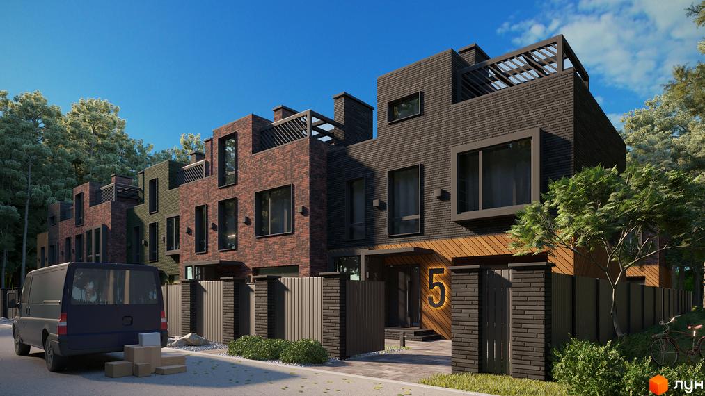 Зображення фасаду таунхаусів Madera House з темно-коричневої цегли. Перед будинком паркан, газон та дерева, на території припаркований фургон.