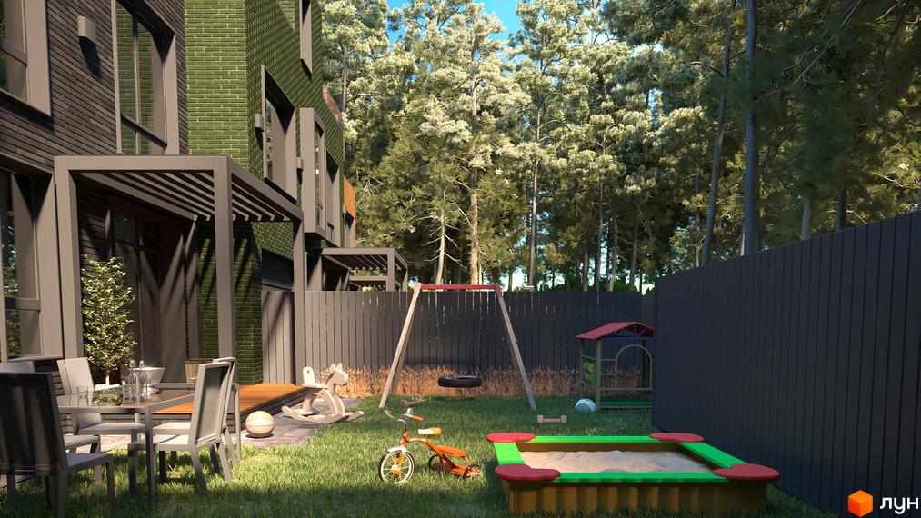 Таунхауси Madera House з зеленої цегли та сірого фасаду, з дитячим майданчиком та зоною відпочинку на задньому дворі.