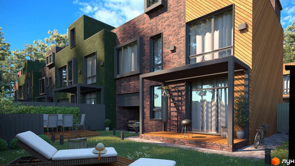 Таунхауси Madera House з цегляним та дерев'яним фасадом, прибудинкова територія з газоном, шезлонгами та зоною барбекю.