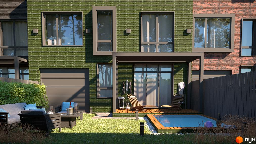 Зелений будинок з цегли з великими вікнами та терасою. На прибудинковій території розташовані басейн, зона відпочинку з меблями та газон.